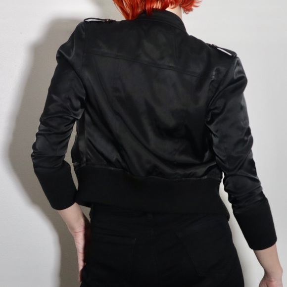 Gold Buttoned Silky Black Biker Jacket - Picture 3 of 16